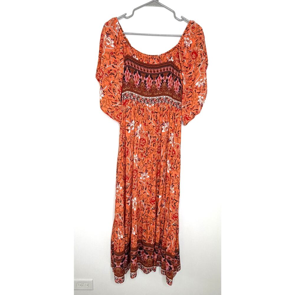 Cavozeda Smocked A-Line Maxi Dress Sz M Ruffle Sleeve Boho Peasant Prairie
